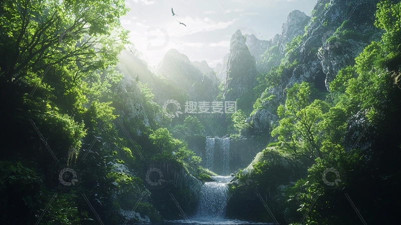 高清大图下载【趣麦麦图】阳光森林瀑布