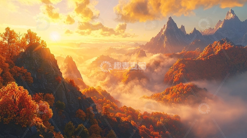 高清大图下载【趣麦麦图】秋日山峰云海日落
