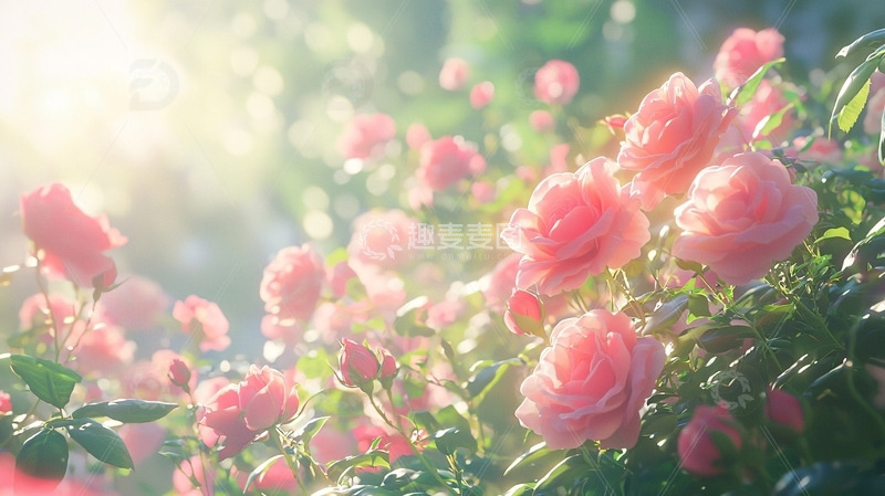 高清大图下载【趣麦麦图】阳光下粉红色玫瑰花丛