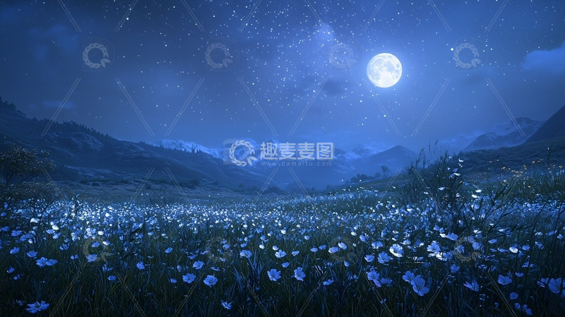 高清大图下载【趣麦麦图】月夜花海山峦