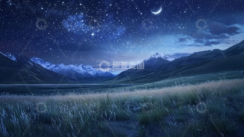 高清大图下载【趣麦麦图】星空下的雪山草原
