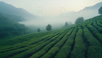 雾气缭绕的茶园梯田