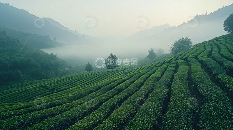 高清大图下载【趣麦麦图】雾气缭绕的茶园梯田
