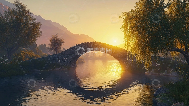 高清大图下载【趣麦麦图】日出时分古桥