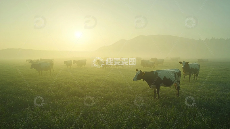 高清大图下载【趣麦麦图】晨雾牧场牛群日出