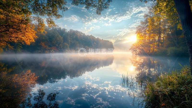高清大图下载【趣麦麦图】秋日清晨湖面雾气