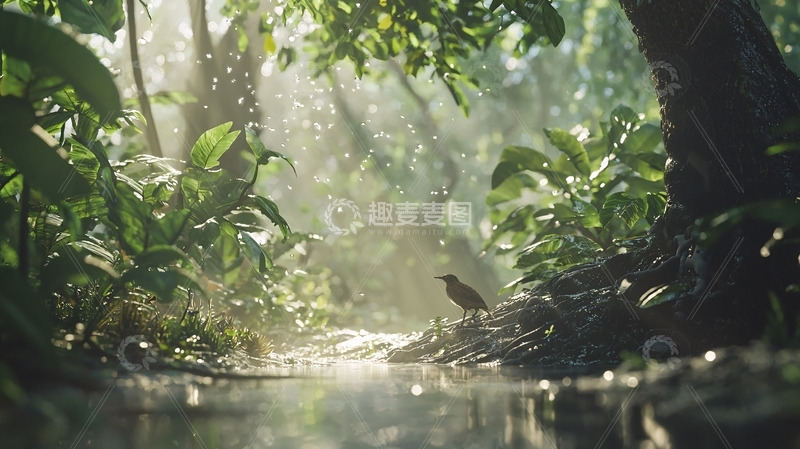 高清大图下载【趣麦麦图】雨后森林小鸟溪流
