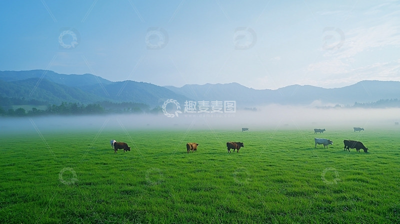 高清大图下载【趣麦麦图】清晨牧场雾气缭绕