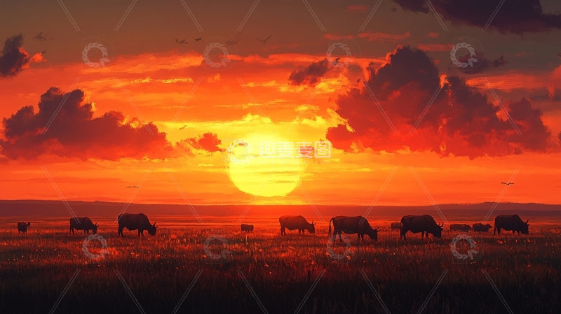 高清大图下载【趣麦麦图】日落草原牛群