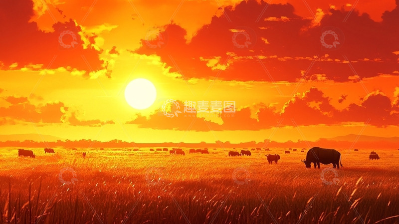 高清大图下载【趣麦麦图】草原落日