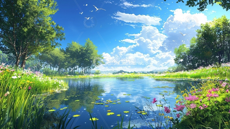高清大图下载【趣麦麦图】阳光明媚的森林湖泊