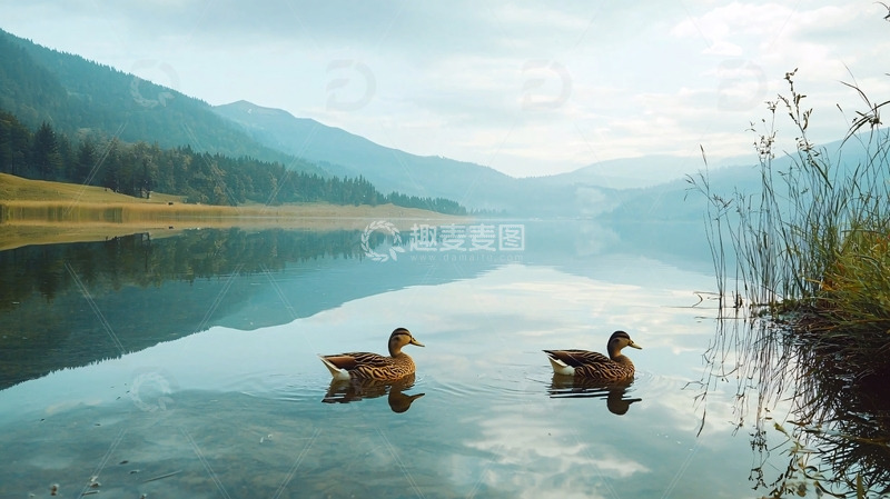 高清大图下载【趣麦麦图】湖边两鸭宁静山水