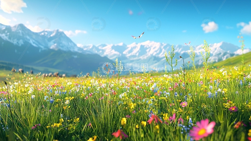 高清大图下载【趣麦麦图】阳光明媚的山野花海