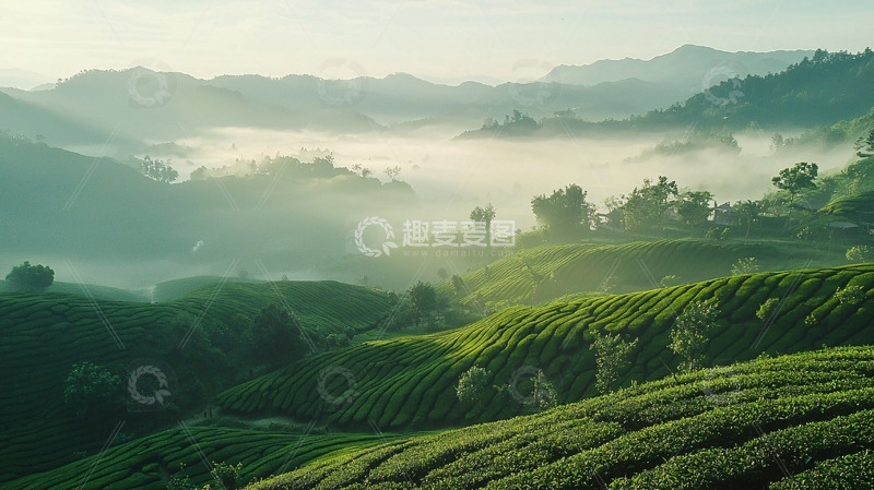 高清大图下载【趣麦麦图】清晨雾气笼罩下的茶园山峦