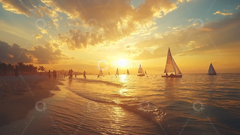 高清大图下载【趣麦麦图】日落海滩帆船景色