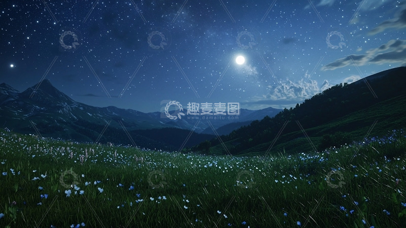 高清大图下载【趣麦麦图】月夜星空下的山峦花海