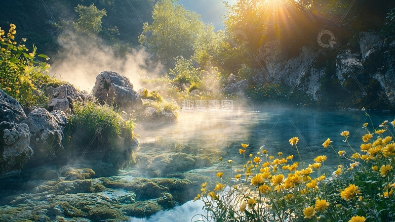 高清大图下载【趣麦麦图】清晨阳光下的雾气温泉
