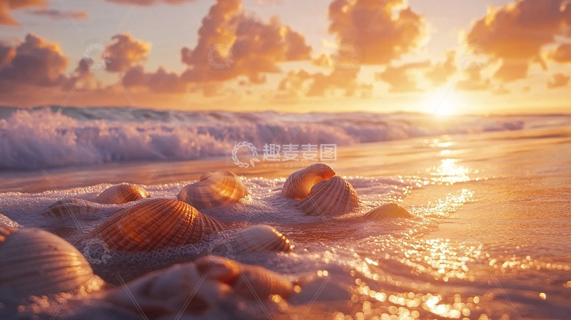 高清大图下载【趣麦麦图】海边日落贝壳沙滩