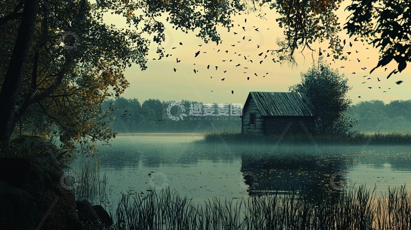 高清大图下载【趣麦麦图】雾气朦胧的湖边小屋