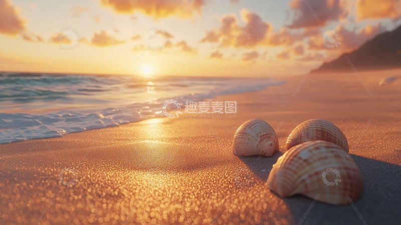 高清大图下载【趣麦麦图】海滩日落贝壳