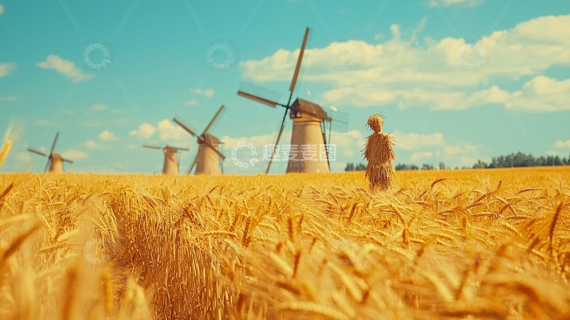 高清大图下载【趣麦麦图】金色麦田风车