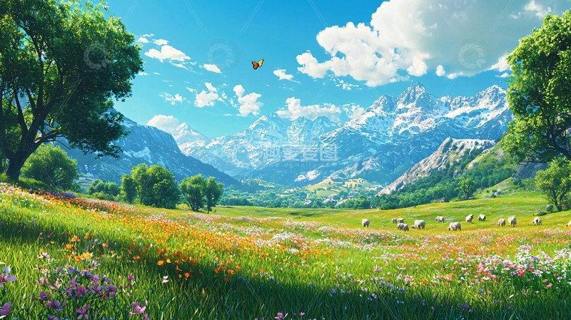 高清大图下载【趣麦麦图】阳光明媚的田园山脉风景