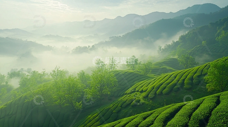 高清大图下载【趣麦麦图】雾气缭绕的山间茶园