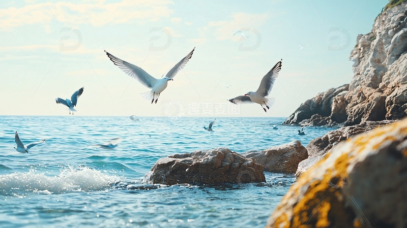 高清大图下载【趣麦麦图】海边飞翔的海鸥