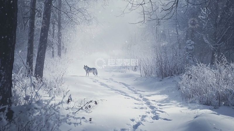 高清大图下载【趣麦麦图】雪地森林里的孤狼