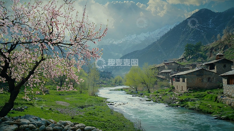 高清大图下载【趣麦麦图】山间河流杏花村庄