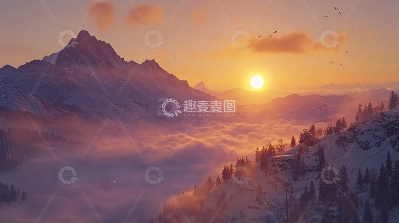 高清大图下载【趣麦麦图】雪山日落