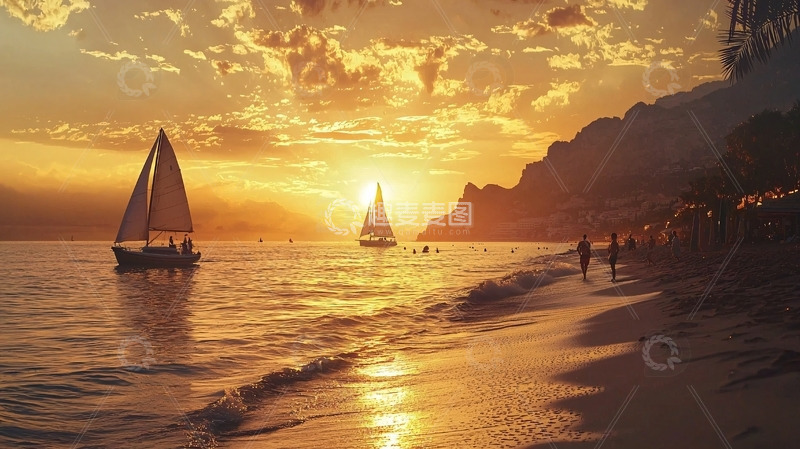 高清大图下载【趣麦麦图】日落海滩帆船风景