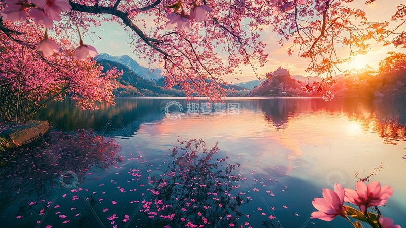 高清大图下载【趣麦麦图】粉色的樱花树倒映在湖水中
