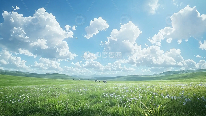 高清大图下载【趣麦麦图】蓝天白云下的绿色草原