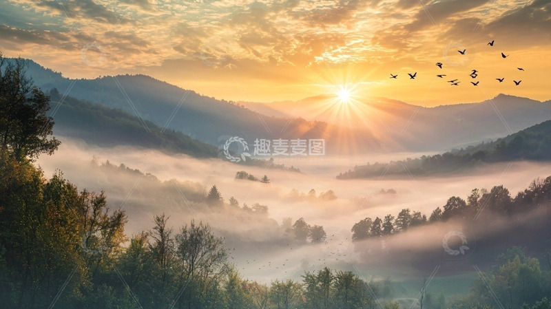 高清大图下载【趣麦麦图】山峦日出晨雾鸟群