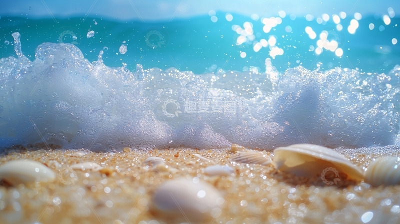 高清大图下载【趣麦麦图】海浪拍打沙滩贝壳