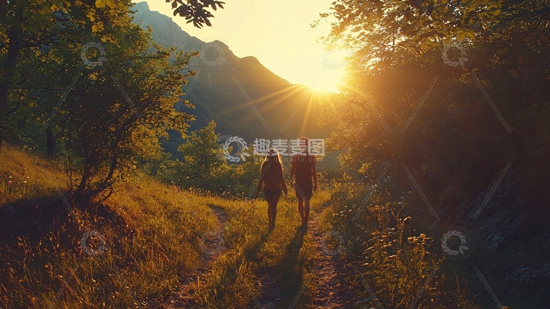 高清大图下载【趣麦麦图】夕阳下情侣山间漫步
