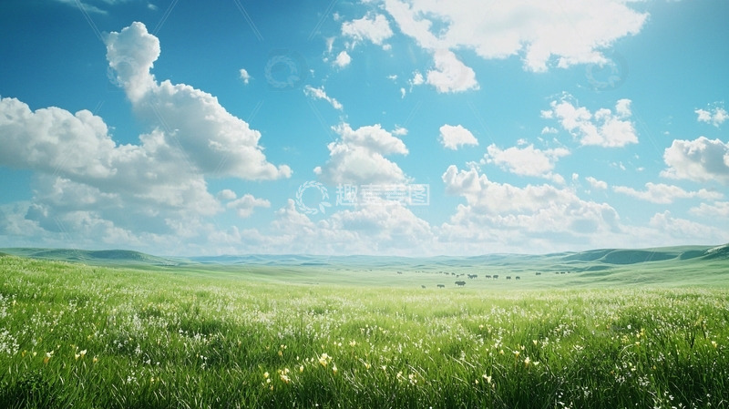高清大图下载【趣麦麦图】蓝天白云下的绿色草原