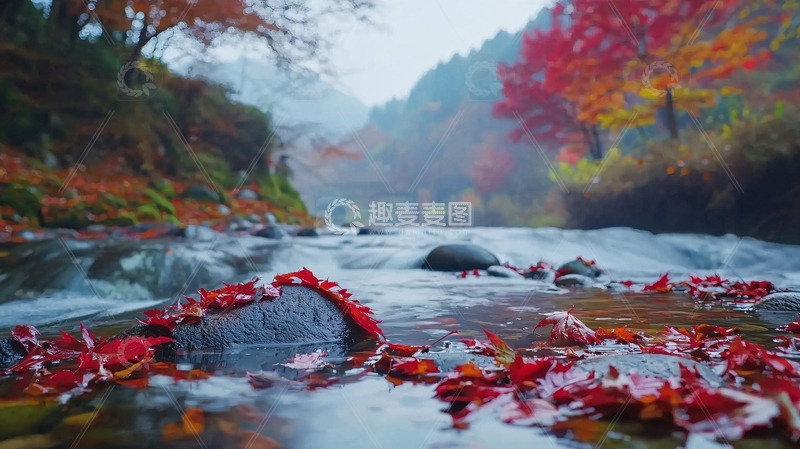 高清大图下载【趣麦麦图】秋日河流枫叶景色