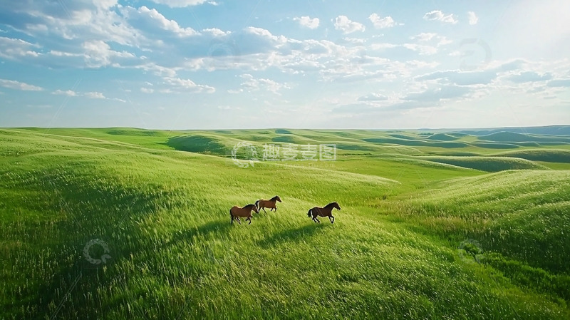 高清大图下载【趣麦麦图】草原上的三匹马