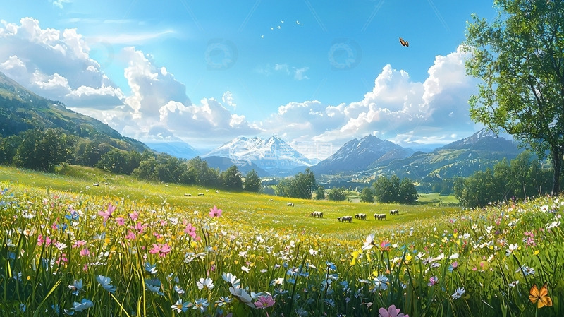 高清大图下载【趣麦麦图】阳光明媚的阿尔卑斯山牧场