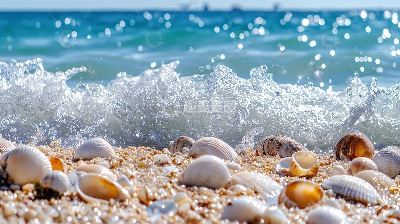 高清大图下载【趣麦麦图】海浪拍打沙滩贝壳