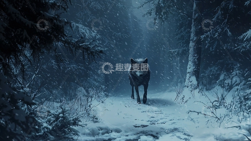 高清大图下载【趣麦麦图】雪夜森林里的孤狼