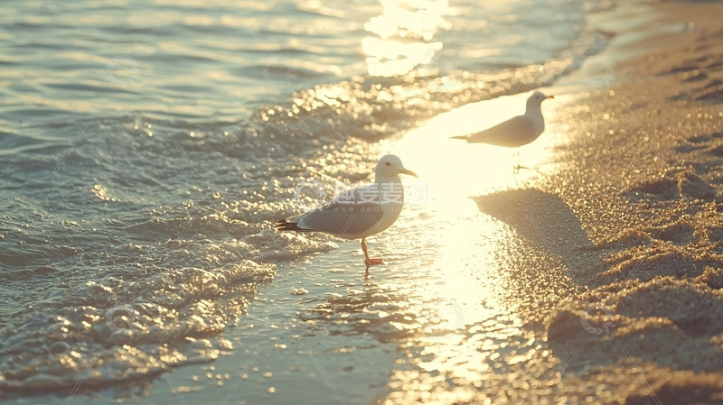 高清大图下载【趣麦麦图】海滩日落海鸥
