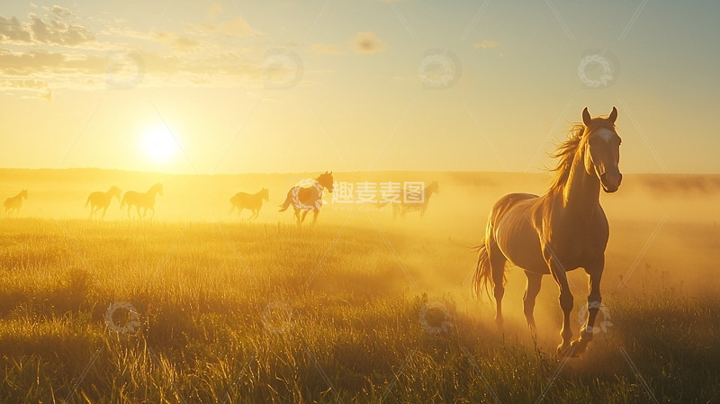 高清大图下载【趣麦麦图】日落草原奔腾的骏马