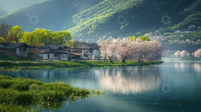高清大图下载【趣麦麦图】山间湖畔村庄景色