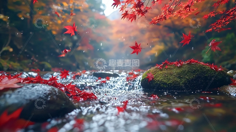 高清大图下载【趣麦麦图】秋枫落叶溪流