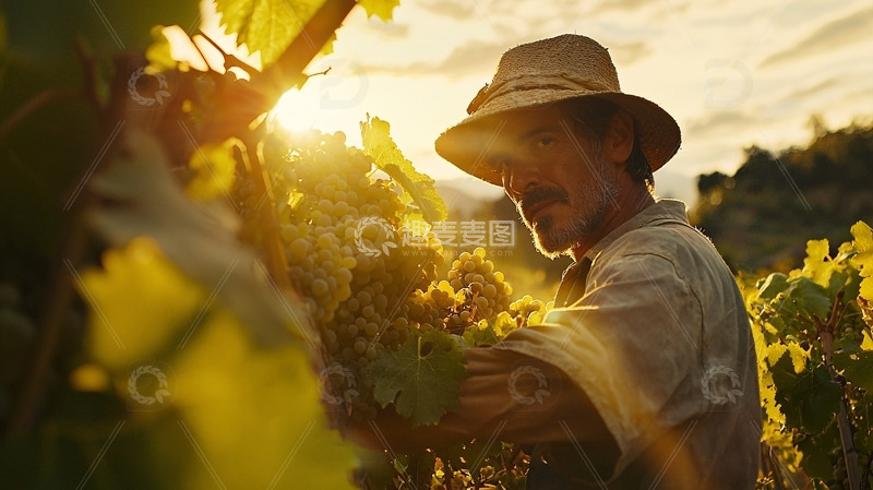 高清大图下载【趣麦麦图】阳光下采摘葡萄的农夫