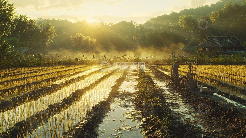 高清大图下载【趣麦麦图】日出稻田劳作场景