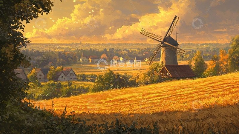 高清大图下载【趣麦麦图】金色田野风车小镇